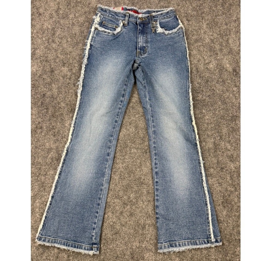 Paco Jeans Girls Flare Denim Pants Dark Stone Sand Fringe Trim Size 12 NWT